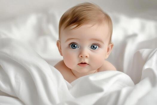 a baby with blue eyes is laying on a white blanket photo