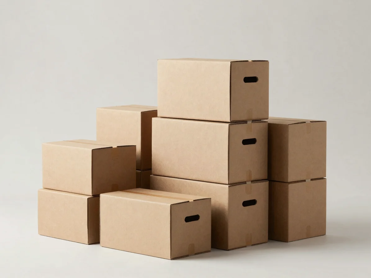 Neatly stacked office supply boxes on a clean neutral background, soft even studio light, crisp detail, 50mm lens